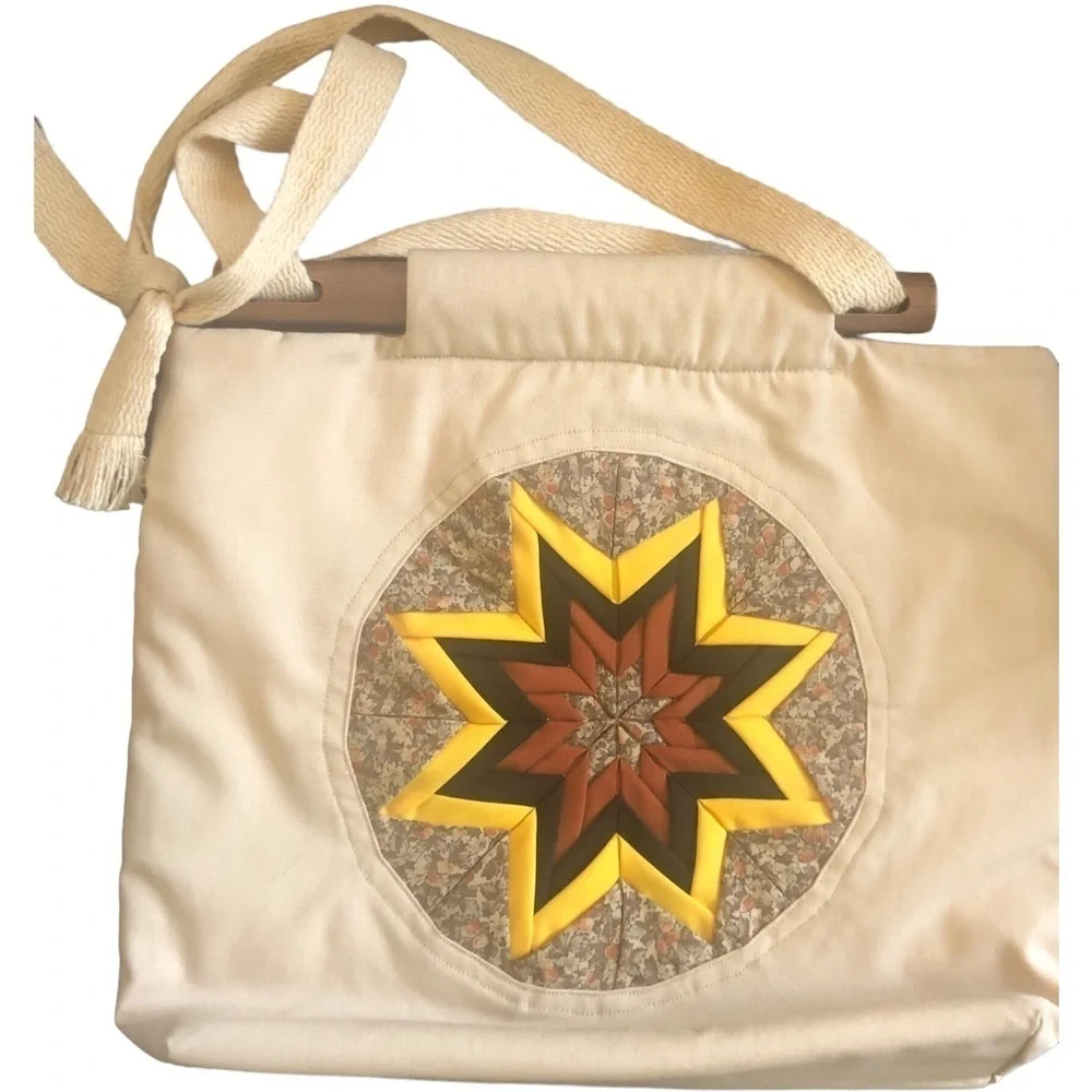 Handmade Quilted Sunburst Lined Small Tote Book Bag Wood Handles Pockets Lined